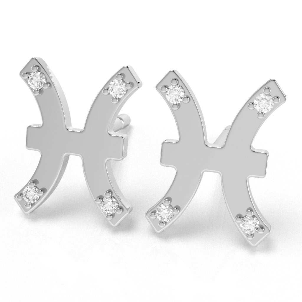 Pisces Zodiac Sign Diamond Stud Earrings In Solid 14k White Gold