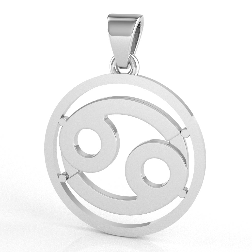 Cancer Zodiac Sign Round Bezel Pendant In Solid 14K White Gold