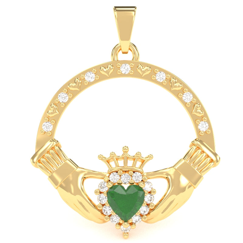 Emerald Diamond Claddagh Pendant in 14k Yellow Gold