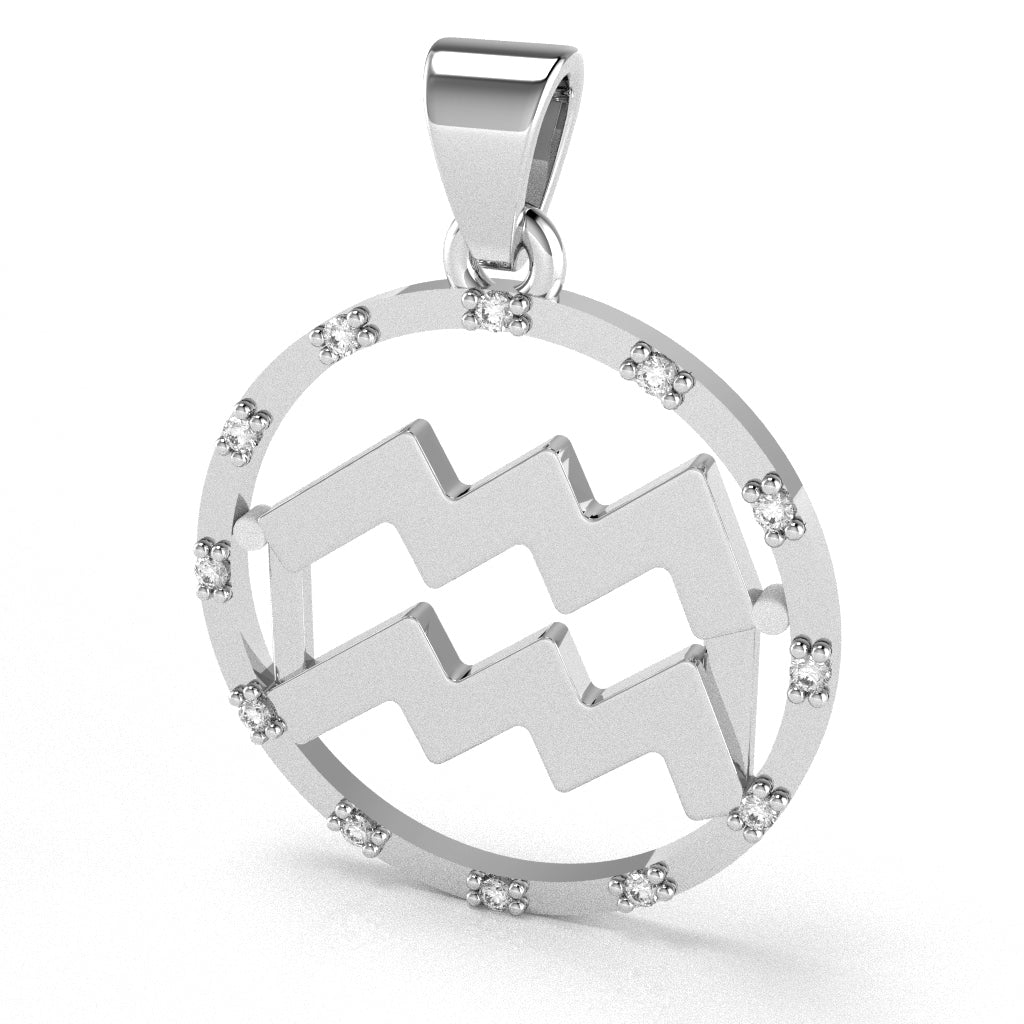Aquarius Zodiac Sign Diamond Bezel Pendant In Solid 14K White Gold