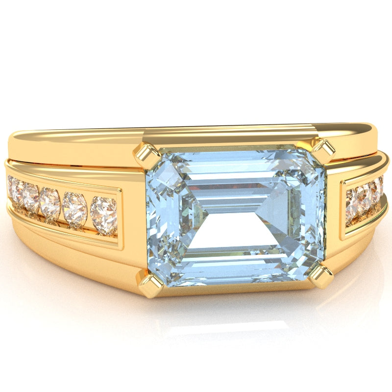 Men's Aquamarine Diamond Channel Ring In Solid 10k Yellow Gold