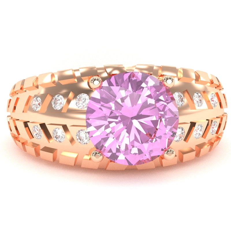 Men's Tire Tread Lab-Created Pink Sapphire Diamond Ring In Solid 14k Rose Gold