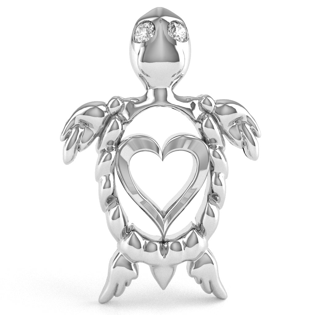 Sea Turtle Love Heart Diamond Pendant In Solid Solid 14k White Gold