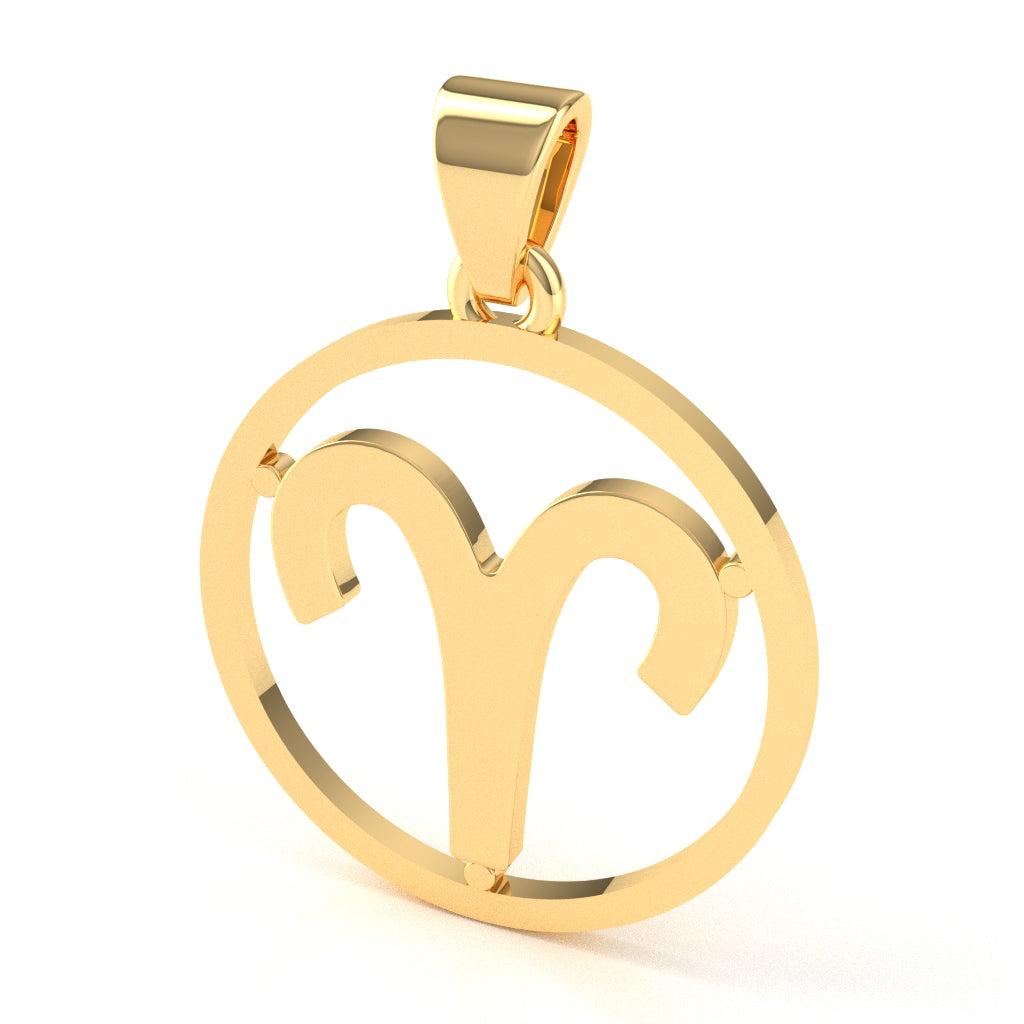 Aries Zodiac Sign Round Bezel Pendant In Solid 10K Yellow Gold