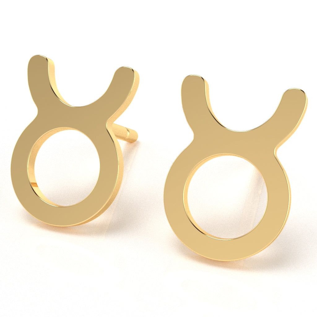 Taurus Zodiac Sign Stud Earrings In Solid 14K Yellow Gold