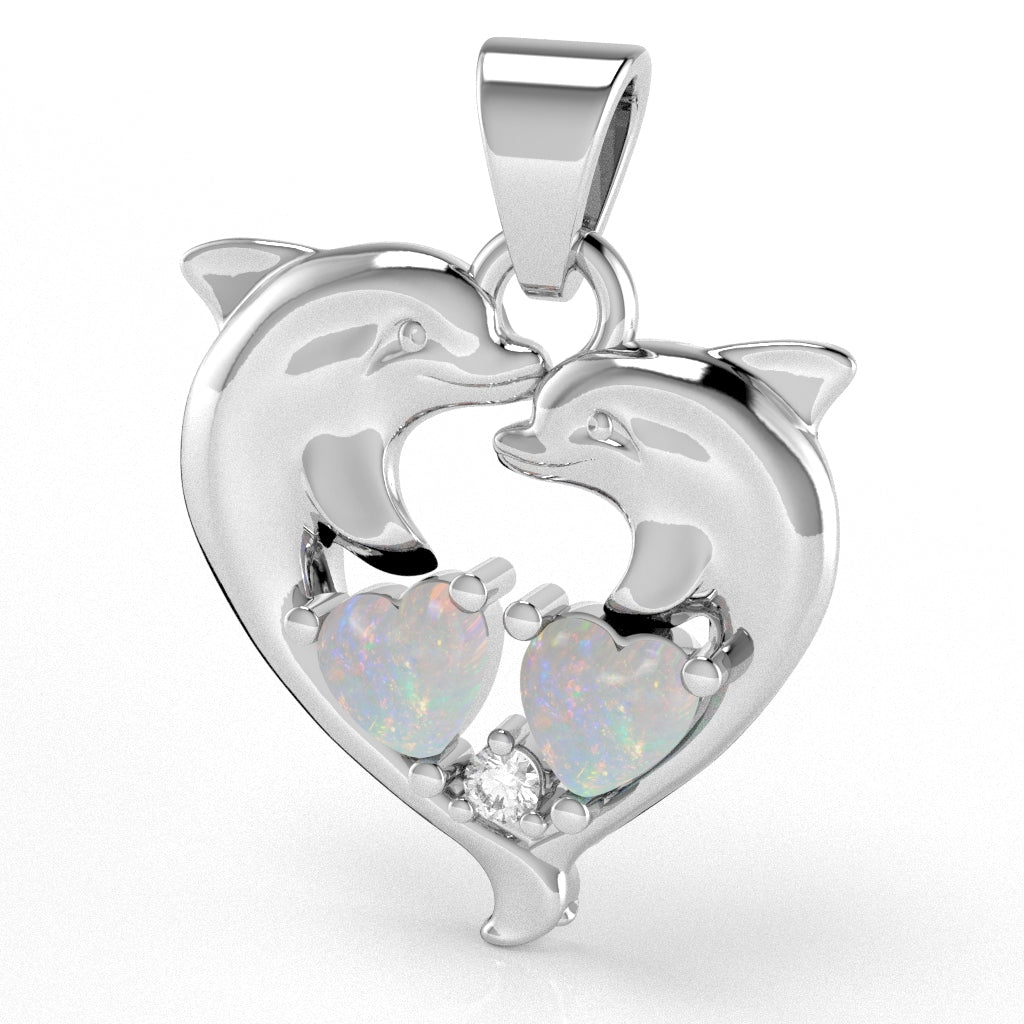 Opal Diamond Dolphin 2 Heart Birthstone Pendant in 10k White Gold