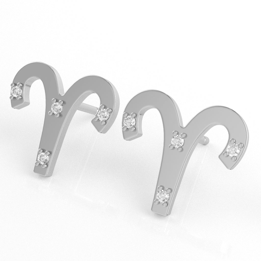 Aries Zodiac Sign Diamond Stud Earrings In Solid 10K White Gold