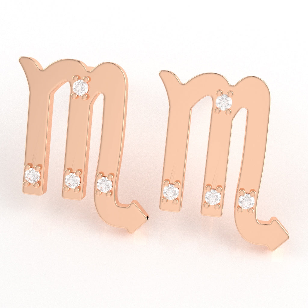 Scorpio Zodiac Sign Diamond Stud Earrings In Solid 14k Rose Gold