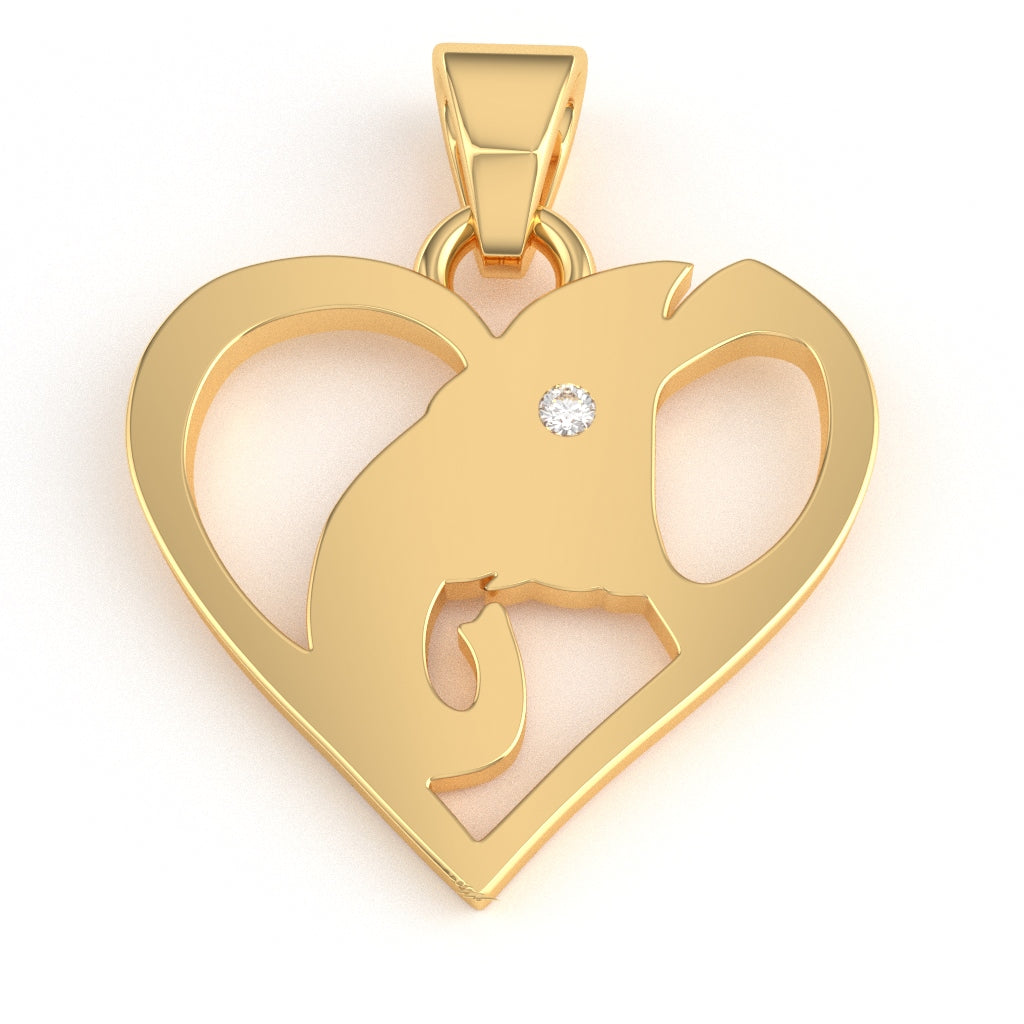 Elephant Love Heart Diamond Pendant In Solid Solid 14k Yellow Gold