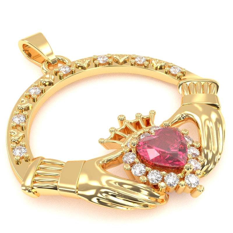 Lab-Created Pink Sapphire Diamond Claddagh Pendant in 14k Yellow Gold