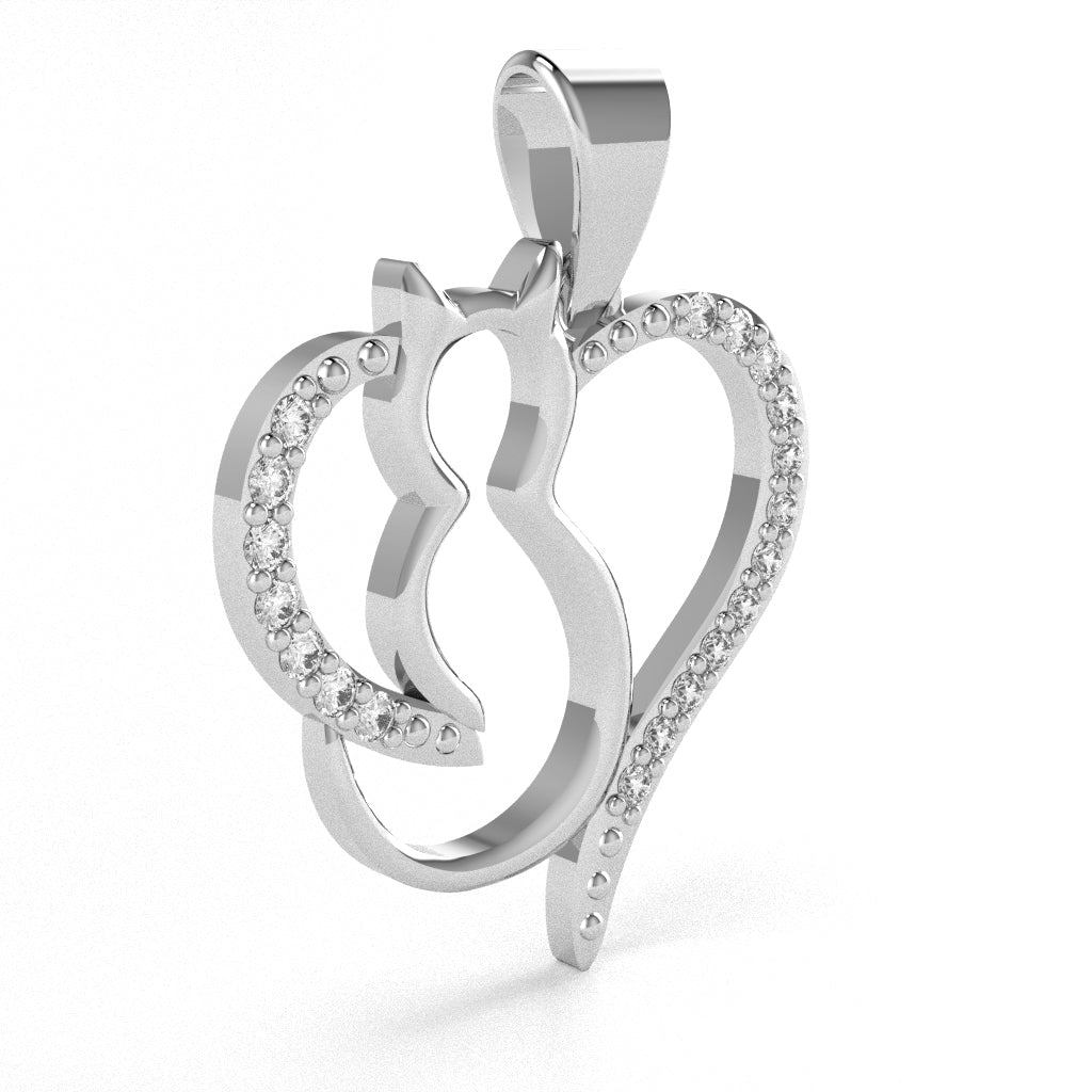 Cat Love Heart Diamond Pendant In Solid 14k White Gold