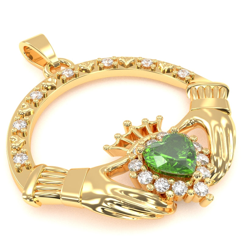 Peridot Diamond Claddagh Pendant in 14k Yellow Gold