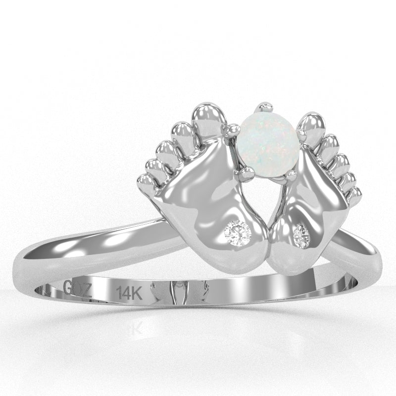 Baby Feet Opal Diamond Ring In 14k White Gold