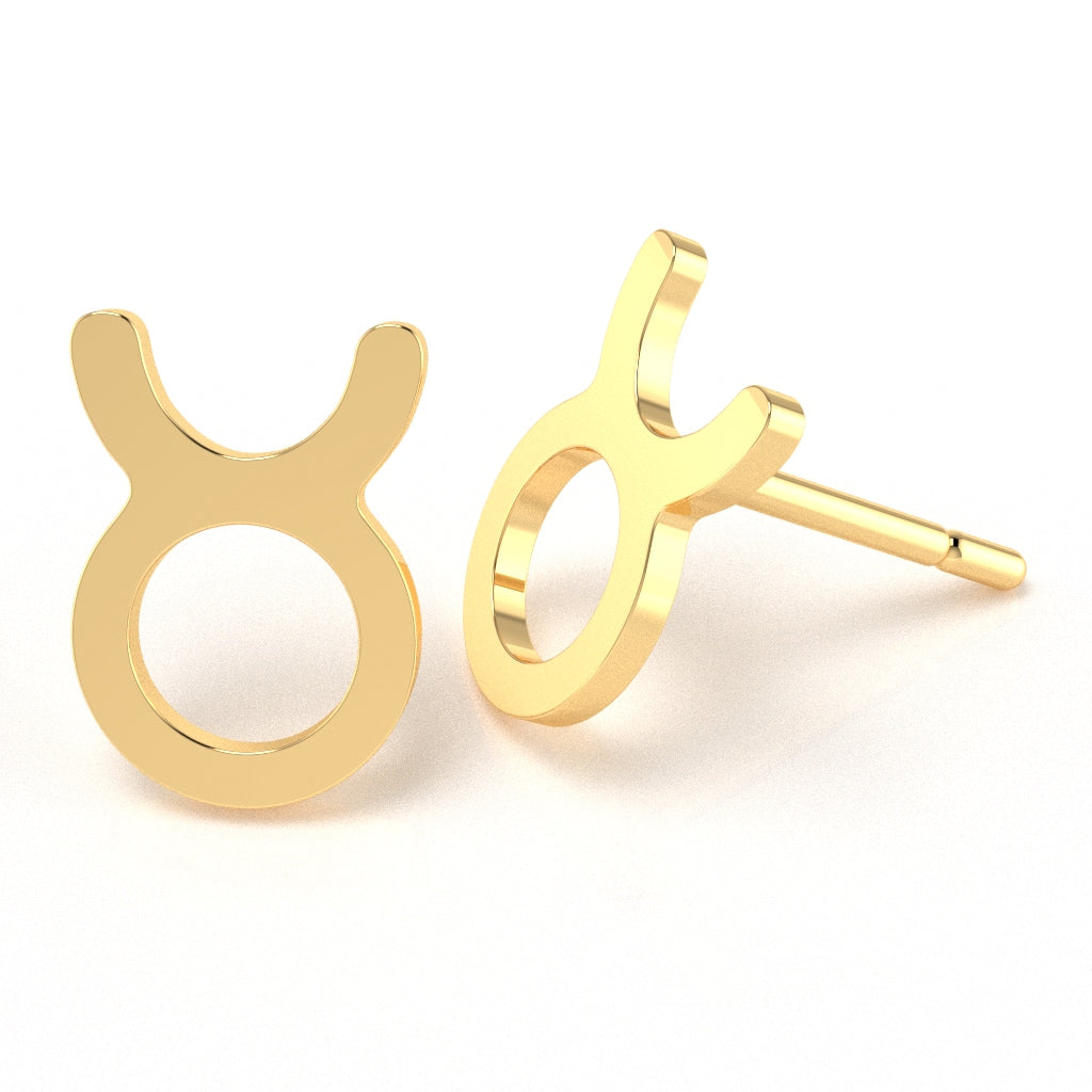 Taurus Zodiac Sign Stud Earrings In Solid 10K Yellow Gold