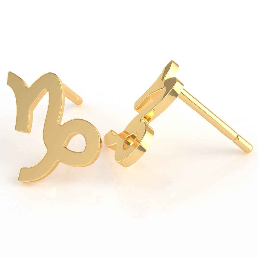 Capricorn Zodiac Sign Stud Earrings In Solid 14K Yellow Gold