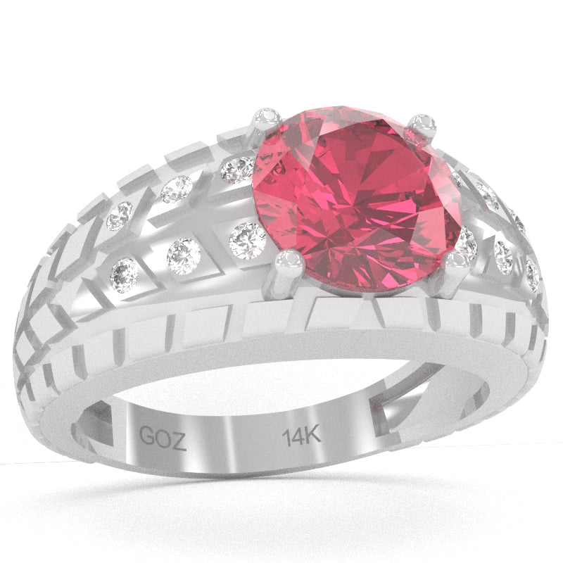 Men's Tire Tread Pink Tourmaline Diamond Ring In Solid 14k White Gold