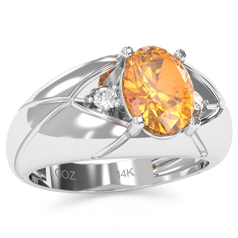Men's Designer Citrine Diamond Ring In Solid 14k White Gold