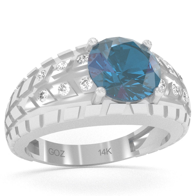 Men's Tire Tread Lab-Created Alexandrite Diamond Ring In Solid 14k White Gold