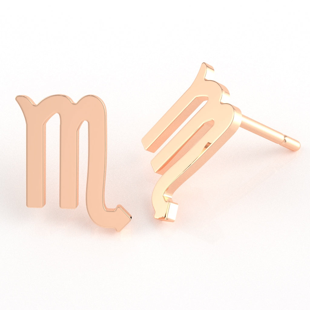 Scorpio Zodiac Sign Stud Earrings In Solid 10K Rose Gold