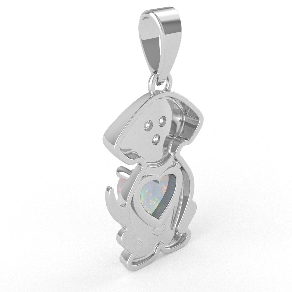Opal Diamond Puppy Love Heart Pendant In 10k White Gold