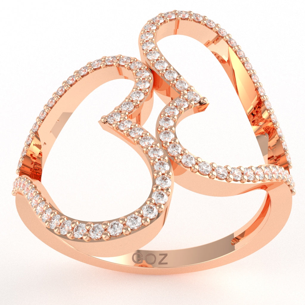 2 Hearts Designer Diamond Cocktail Ring In 10k Rose Gold