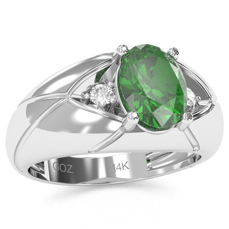 Men's Designer Lab-Created Emerald Diamond Ring In Solid 14k White Gold