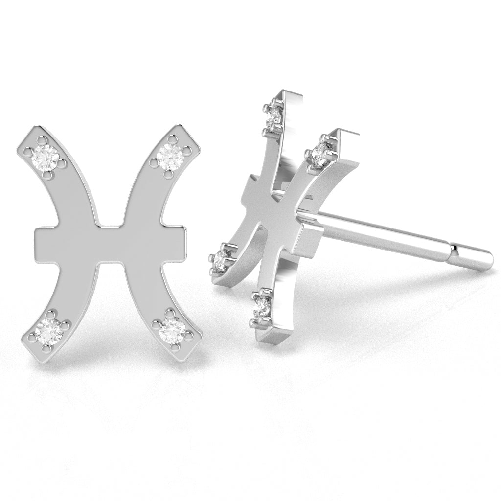 Pisces Zodiac Sign Diamond Stud Earrings In Solid 10K White Gold