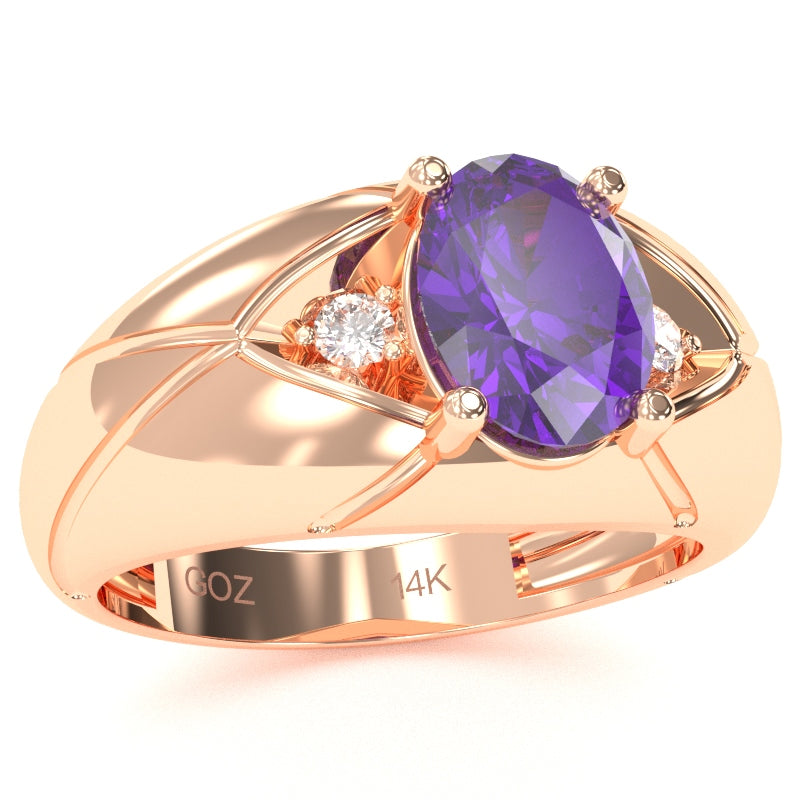 Men's Designer Amethyst Diamond Ring In Solid 14k Rose Gold