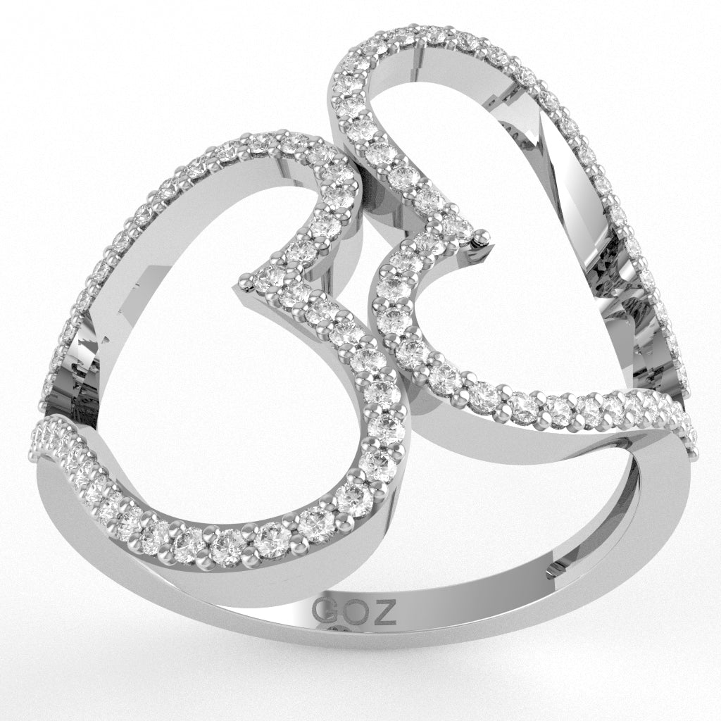 2 Hearts Designer Diamond Cocktail Ring In 14k White Gold