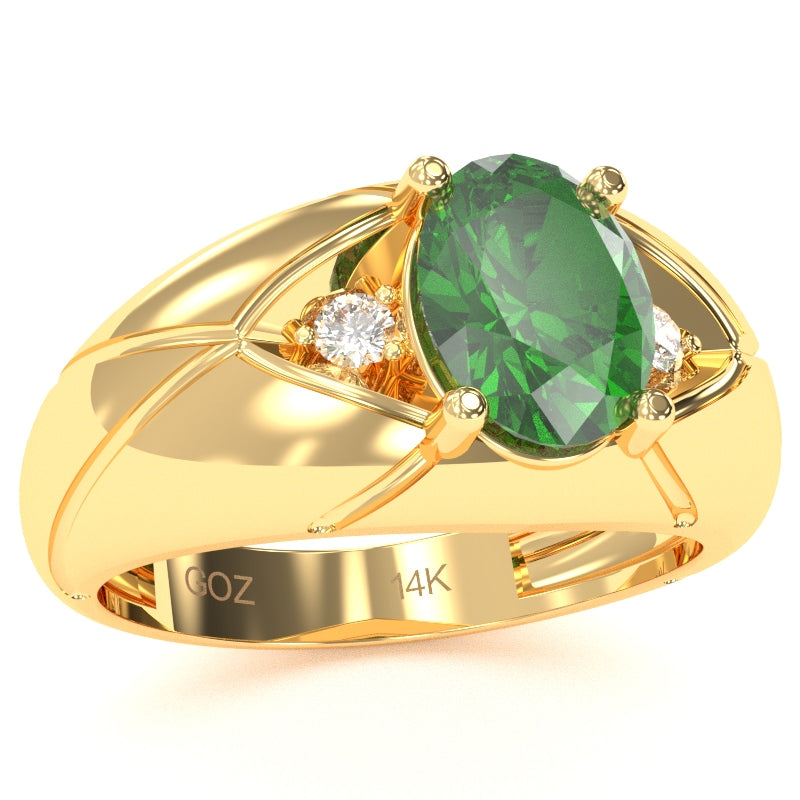 Men's Designer Lab-Created Emerald Diamond Ring In Solid 14k Yellow Gold
