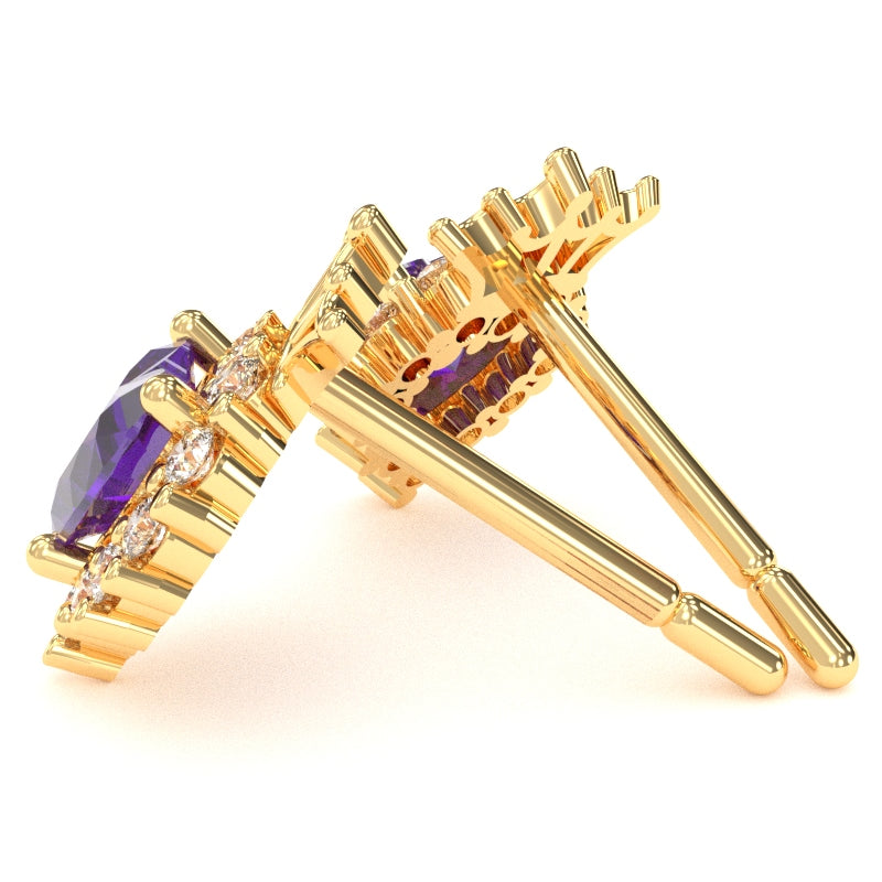 Amethyst Diamond Claddagh Motive Stud Earrings in 14k Yellow Gold
