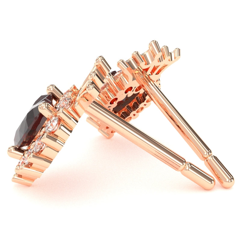 Garnet Diamond Claddagh Motive Stud Earrings in 14k Rose Gold