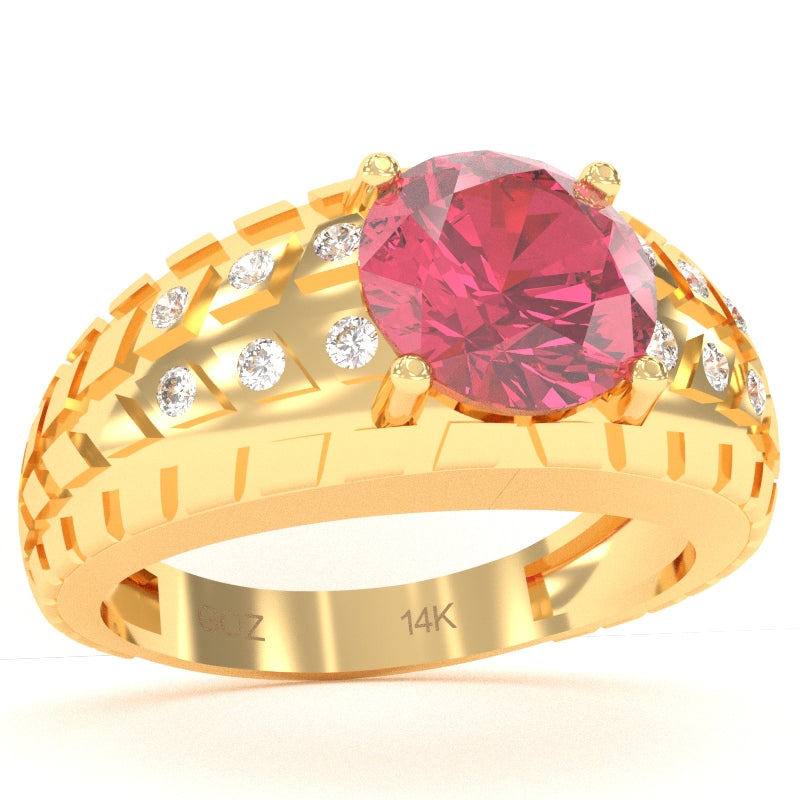 Men's Tire Tread Pink Tourmaline Diamond Ring In Solid 14k Yellow Gold