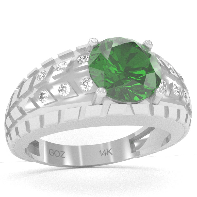 Men's Tire Tread Lab-Created Emerald Diamond Ring In Solid 14k White Gold