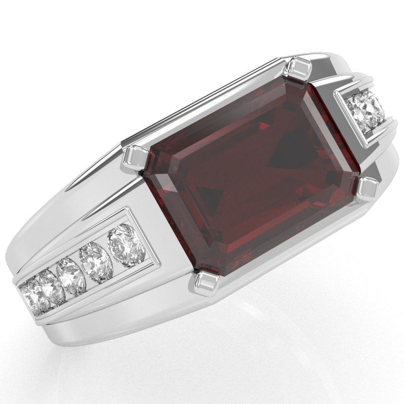 Men's Garnet Diamond Channel Ring In Solid 10k White Gold