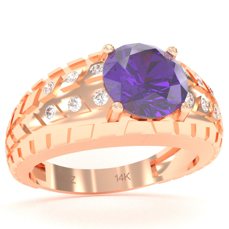 Men's Tire Tread Amethyst Diamond Ring In Solid 14k Rose Gold