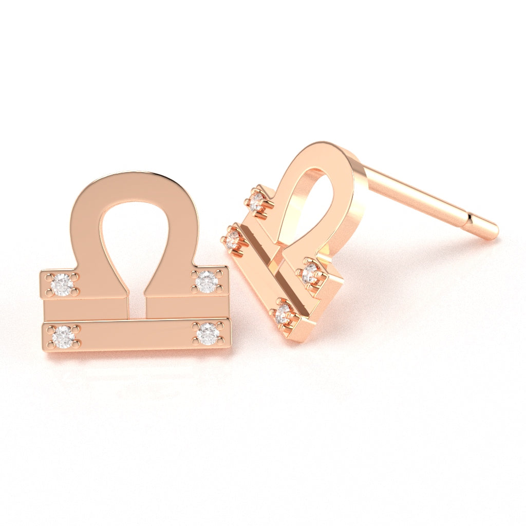 Libra Zodiac Sign Diamond Stud Earrings In Solid 14k Rose Gold