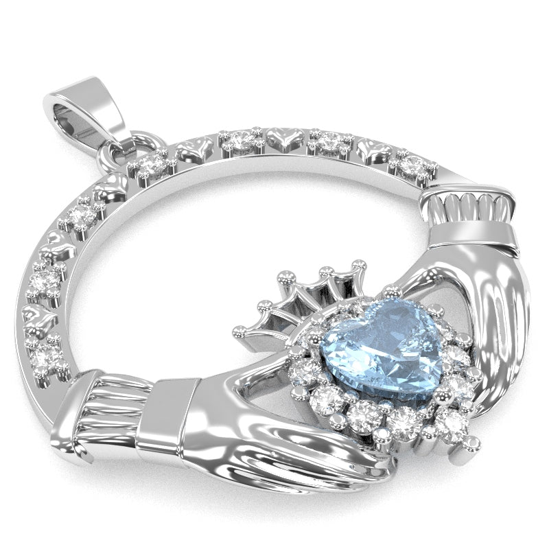 Aquamarine Diamond Claddagh Pendant in 14k White Gold