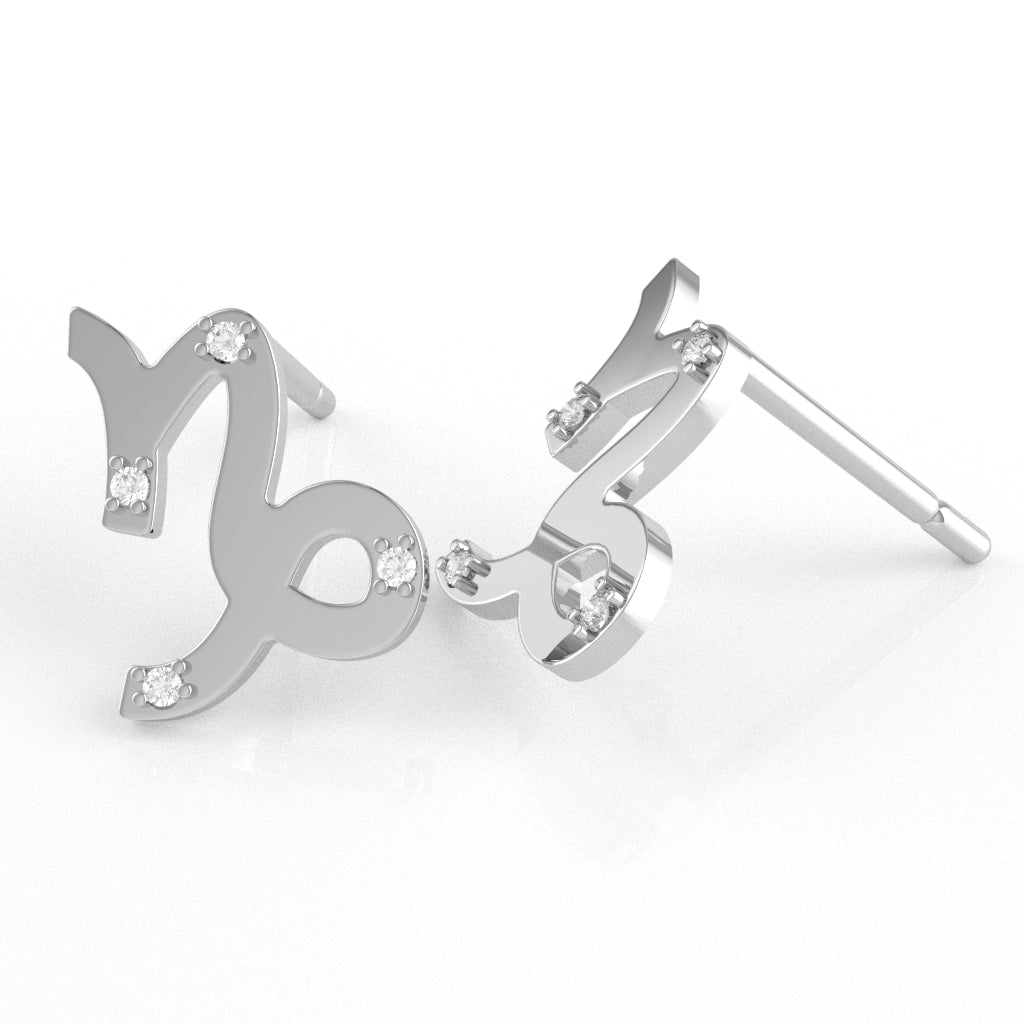 Capricorn Zodiac Sign Diamond Stud Earrings In Solid 14k White Gold