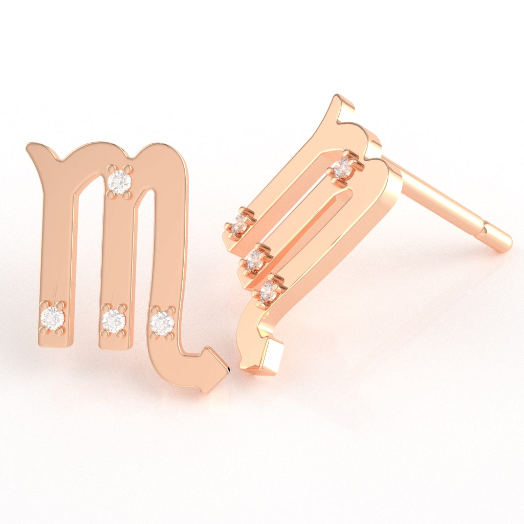 Scorpio Zodiac Sign Diamond Stud Earrings In Solid 10K Rose Gold