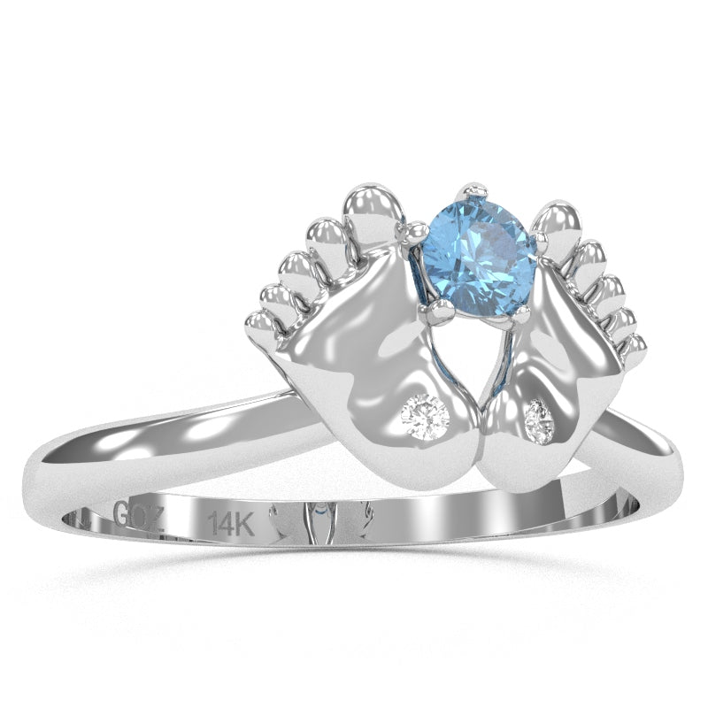 Baby Feet Blue Topaz Diamond Ring In 14k White Gold
