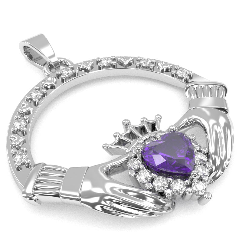 Amethyst Diamond Claddagh Pendant in 14k White Gold