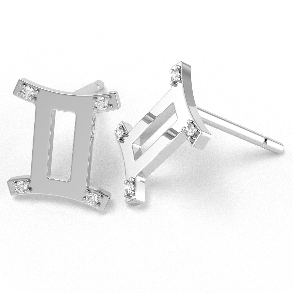 Gemini Zodiac Sign Diamond Stud Earrings In Solid 10K White Gold