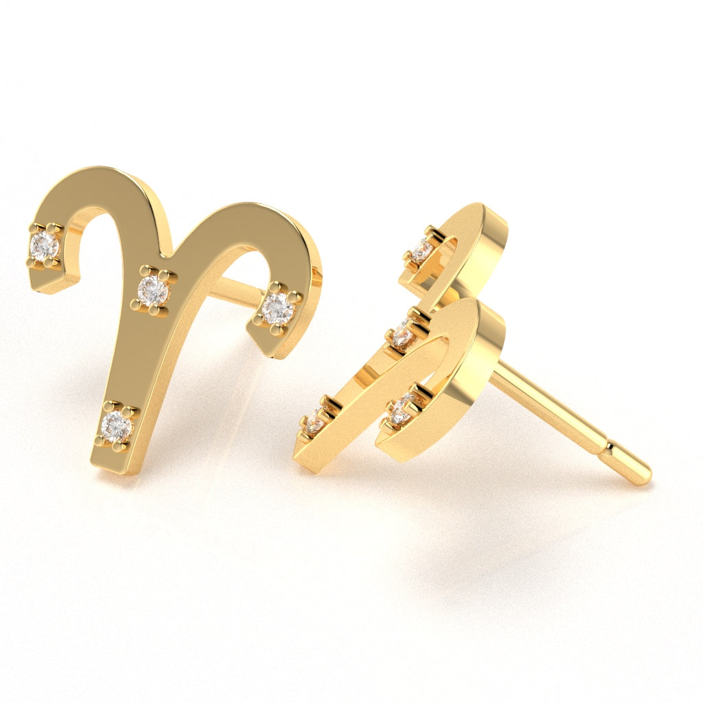 Aries Zodiac Sign Diamond Stud Earrings In Solid 10K Yellow Gold