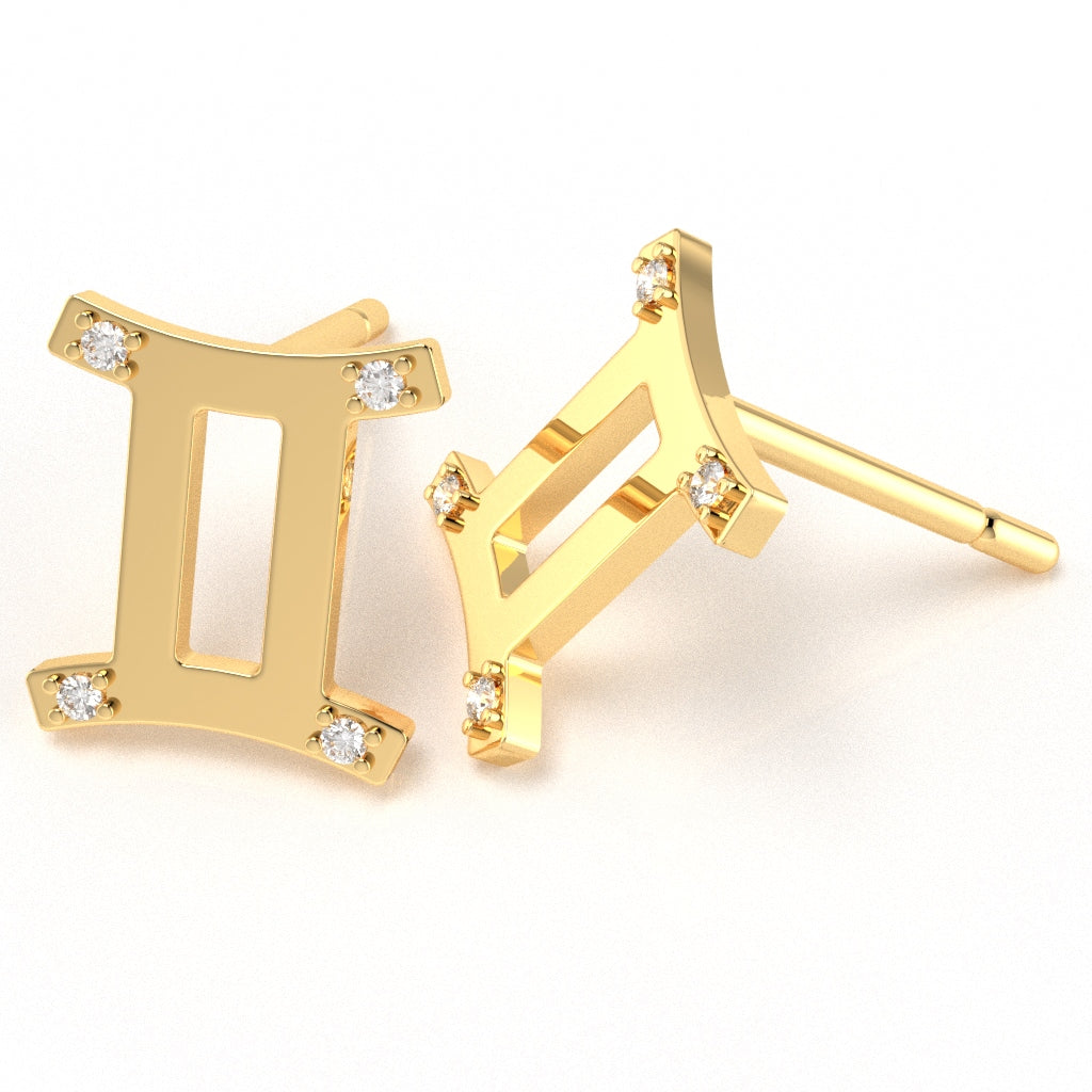 Gemini Zodiac Sign Diamond Stud Earrings In Solid 14k Yellow Gold