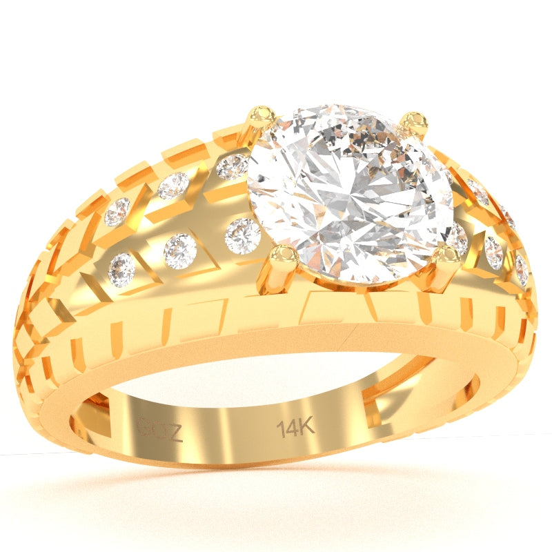 Men's Tire Tread White Topaz Diamond Ring In Solid 14k Yellow Gold