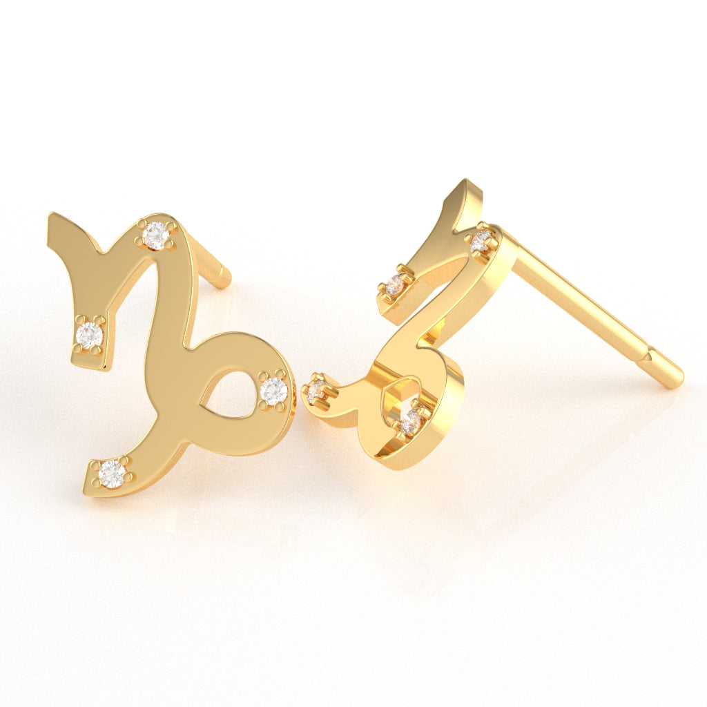 Capricorn Zodiac Sign Diamond Stud Earrings In Solid 10K Yellow Gold