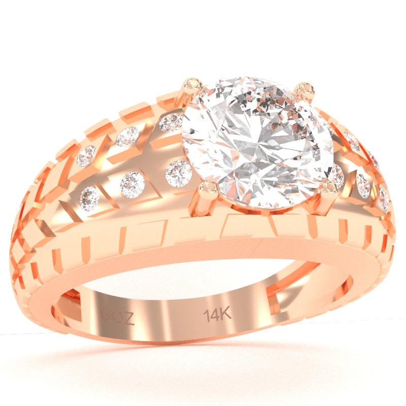 Men's Tire Tread White Topaz Diamond Ring In Solid 14k Rose Gold