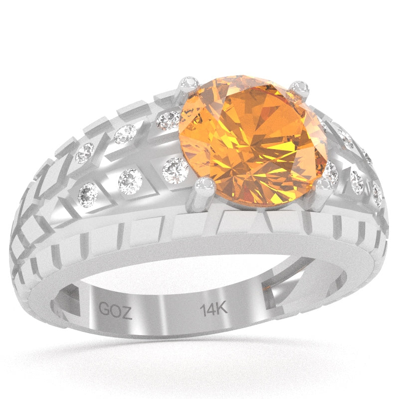 Men's Tire Tread Citrine Diamond Ring In Solid 14k White Gold