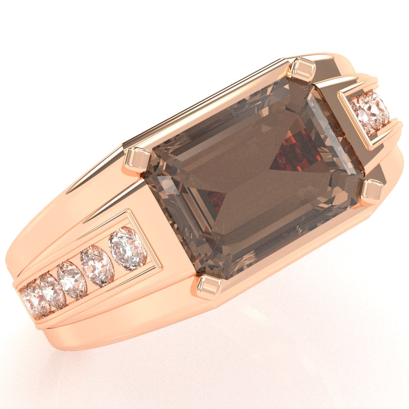 Men's Smoky Quartz Diamond Channel Ring In Solid 10k Rose Gold
